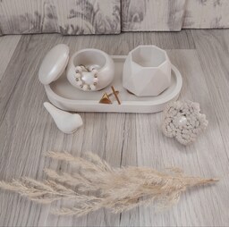 ست سنگ مصنوعی 3 تکه سفید شامل سینی بیضی و چا شمعی و جاجواهری