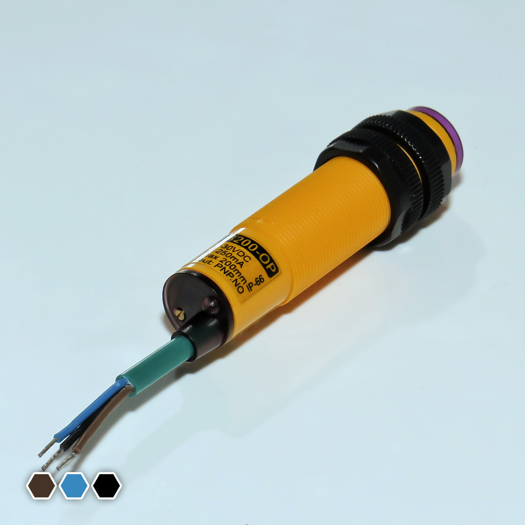 سنسور نوری یک طرفه تبریز سنسور، NPN-NC-NO، قطر 18mm، چهار پین، فاصله تشخیص 40cm، کد OS18400-N
