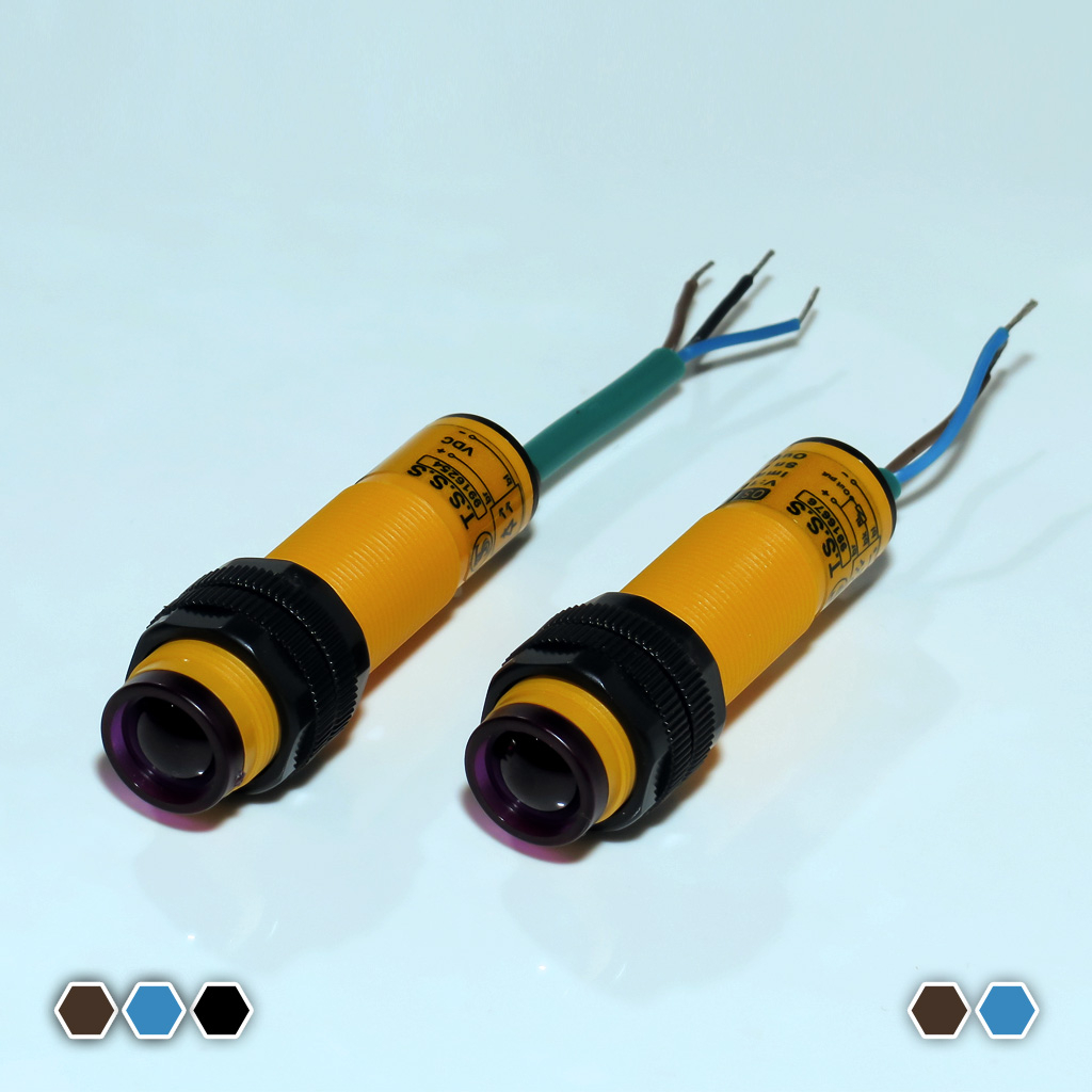 سنسور نوری دو طرفه تبریز سنسور، NPN-NO، قطر 18mm، چهارپین، فاصله تشخیص 600cm، کد OS186000-ON
