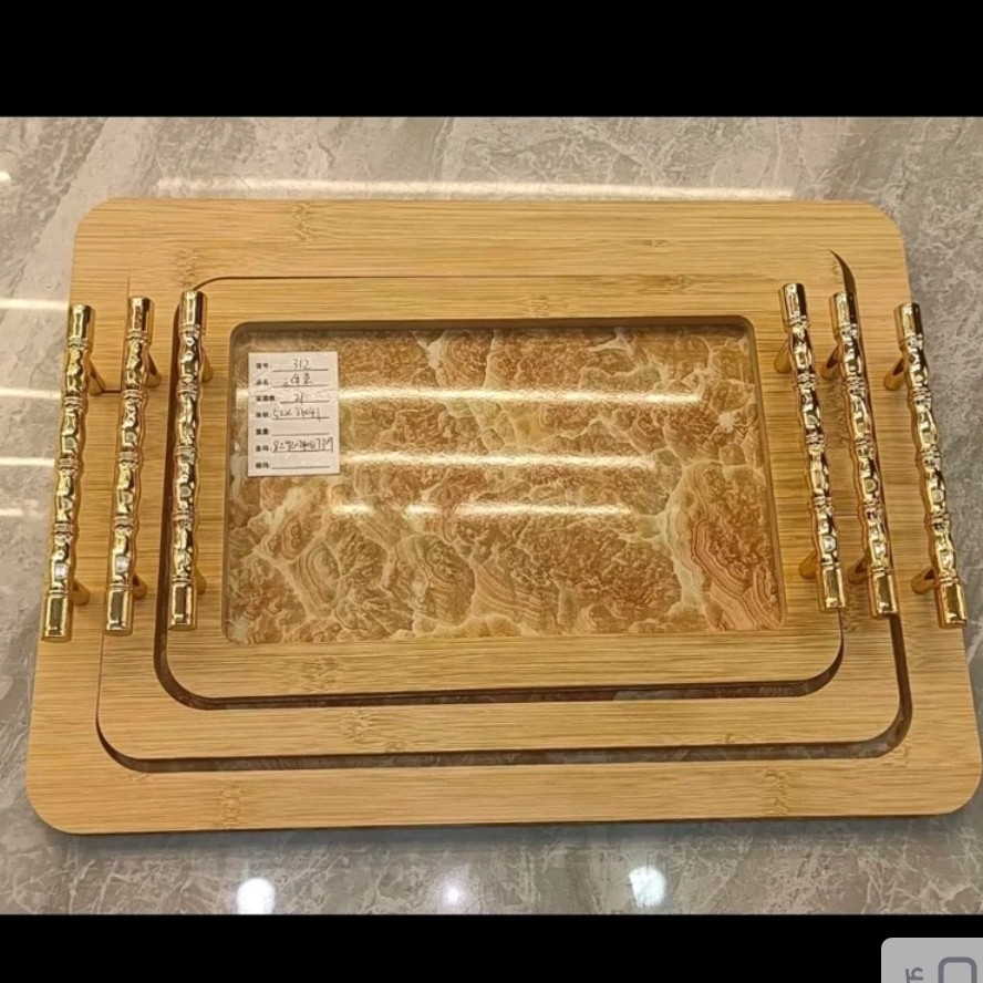 سینی چوبی سه تکه صیقلی دسته دار چوب بامبو نشکن