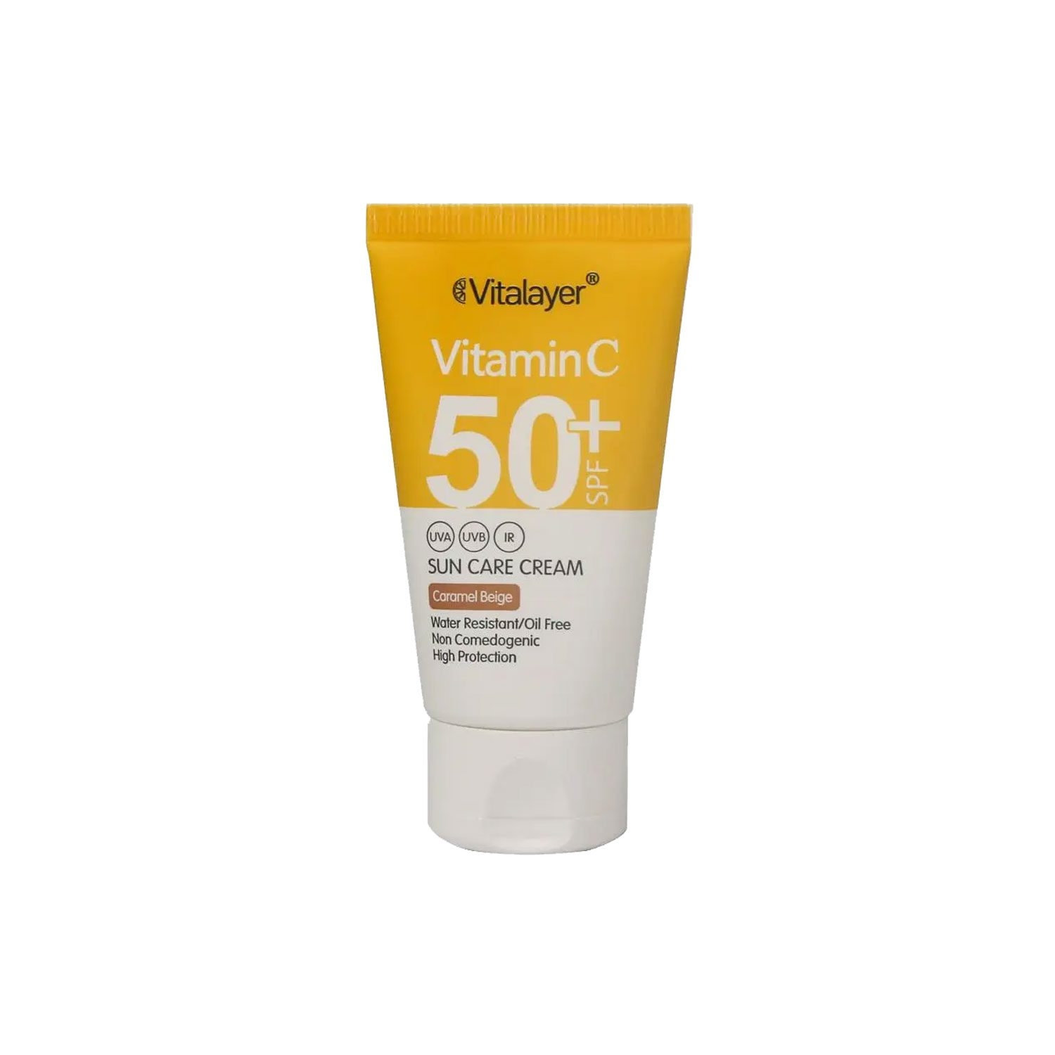 کرم ضد آفتاب ویتالیر رنگ بژ کاراملی SPF50 حاوی ویتامین C مناسب انواع پوست
