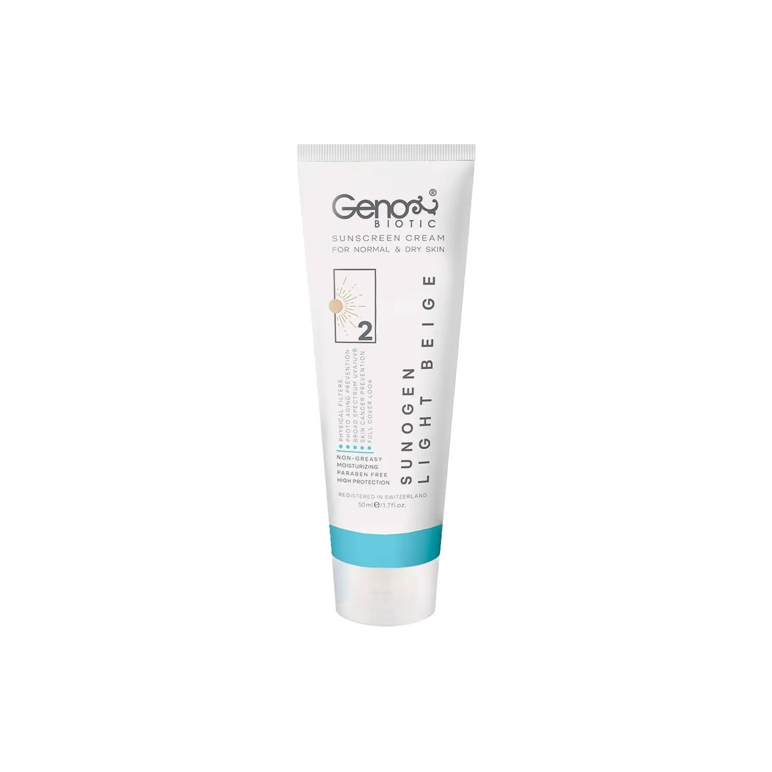 کرم ضد آفتاب رنگی ژنوبایوتیک مدل SunoGen با SPF50 مناسب پوست خشک و معمولی