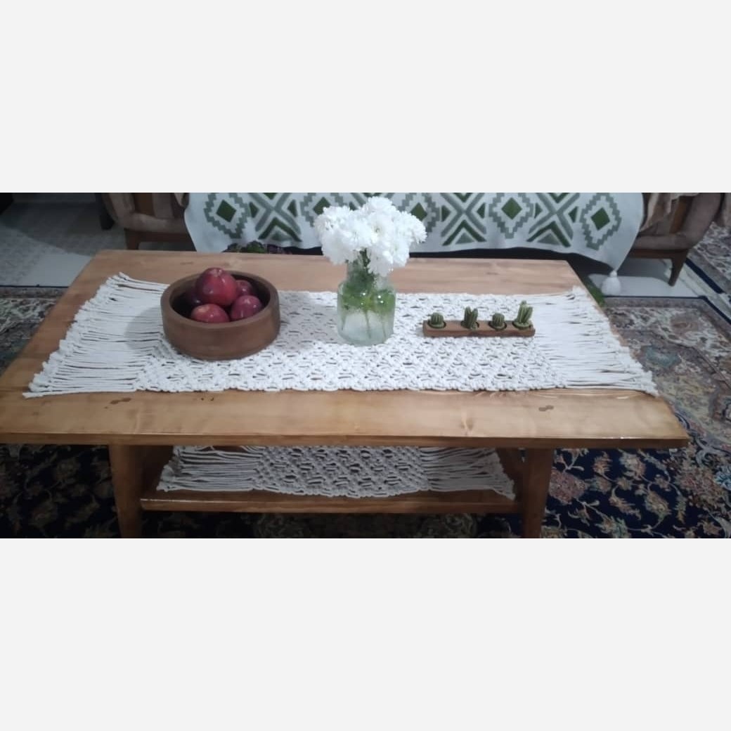 رومیزی مکرومه رنگ شیری طول بافت80 بار ریشه 100 سانت