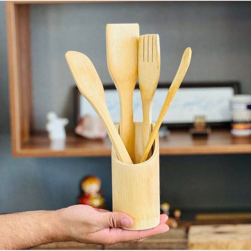 ست کفگیر ملاقه چوبی به همراه استند