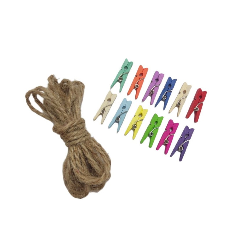 گیره عکس مدل چوبی کد A06 بسته 12 عددی به همراه نخ کنفی