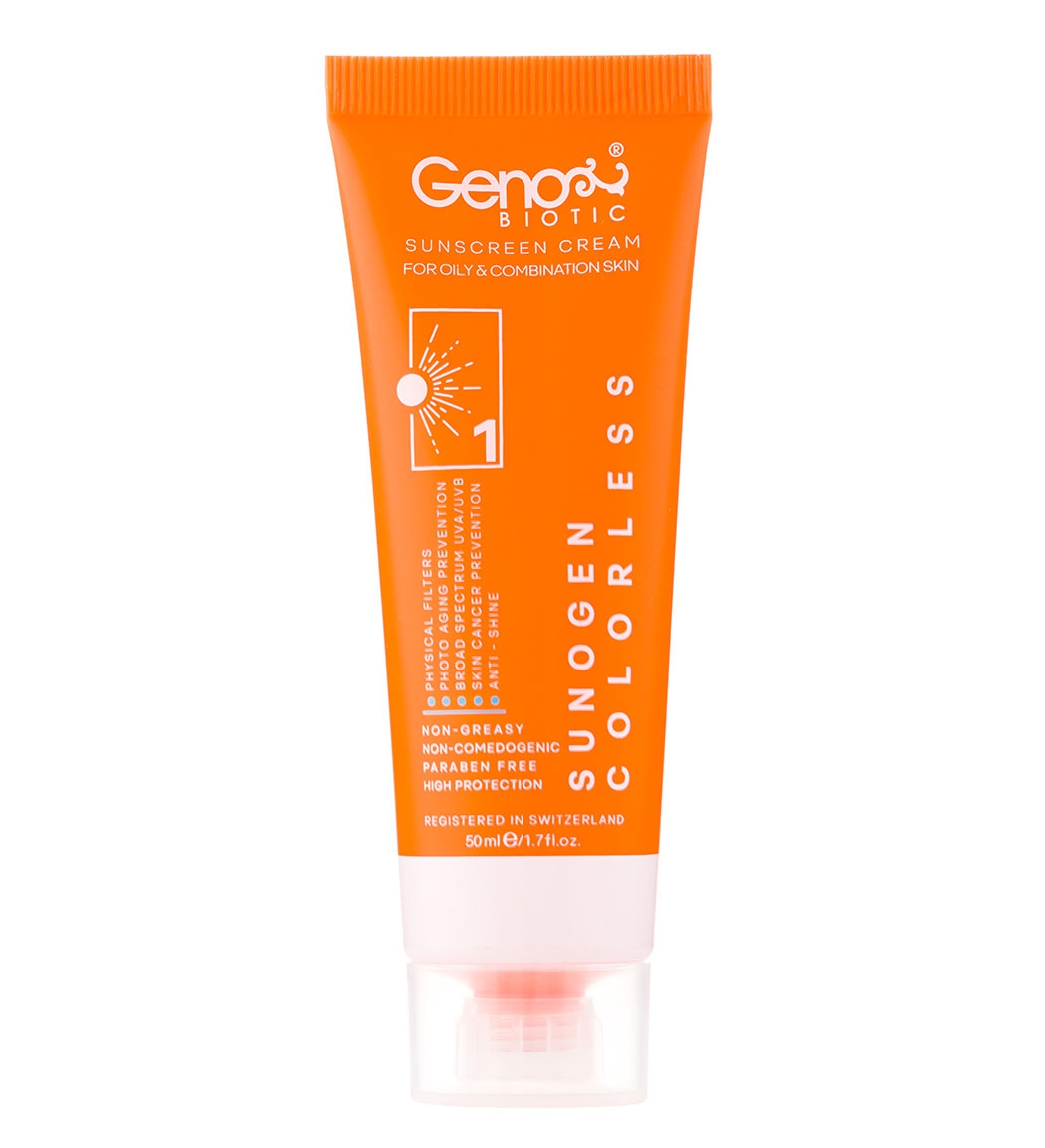 کرم ضد آفتاب بی رنگ ژنوبایوتیک با SPF50 مناسب پوست چرب و مختلط
