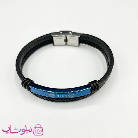 دستبند مردانه طرح آبی ورساچه چرم مشکی کد 1188