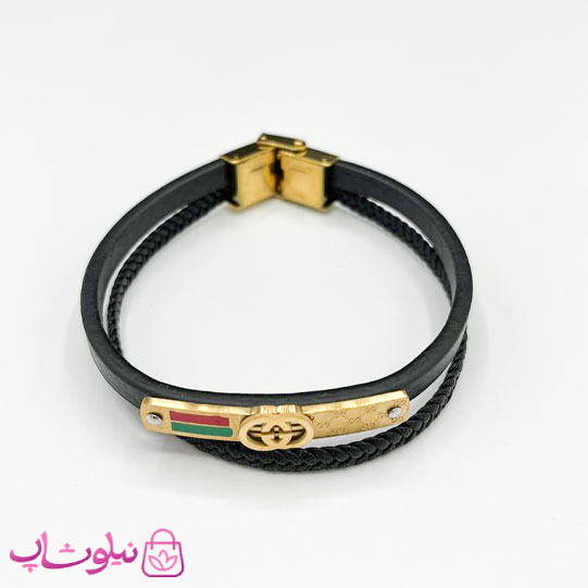 دستبند مردانه چرم و استیل مدل گوچی طلایی کد 1188