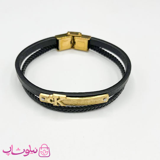 دستبند مردانه طرح سی کی CK چرم مشکی طلایی کد 1188