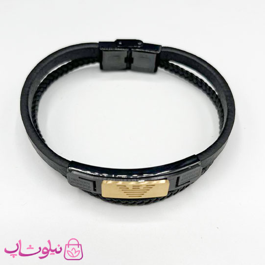 دستبند مردانه چرم و استیل مدل تک لوگو امپریو آرمانی طلایی کد 1188