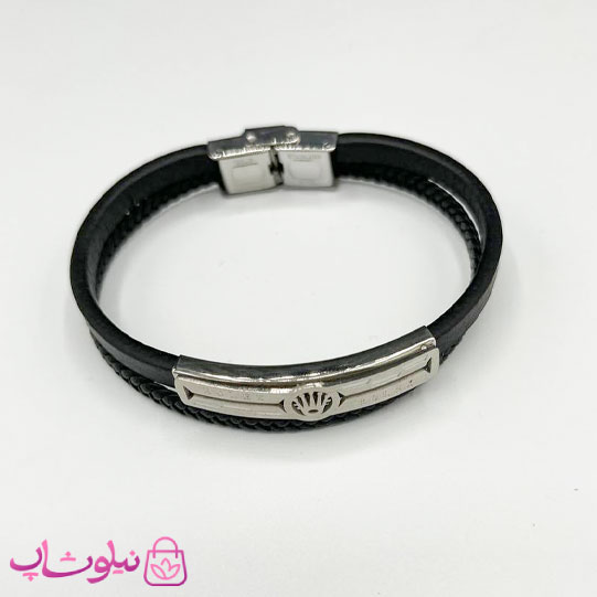 دستبند مردانه چرم و استیل مدل رولکس نقره ای کد 1188