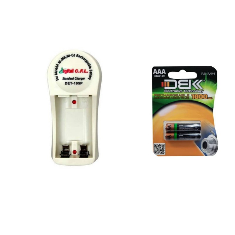 شارژر باتری سی.اف.ال مدل DET-105P به همراه باتری نیم قلمی قابل شارژ بسته 2 عددی