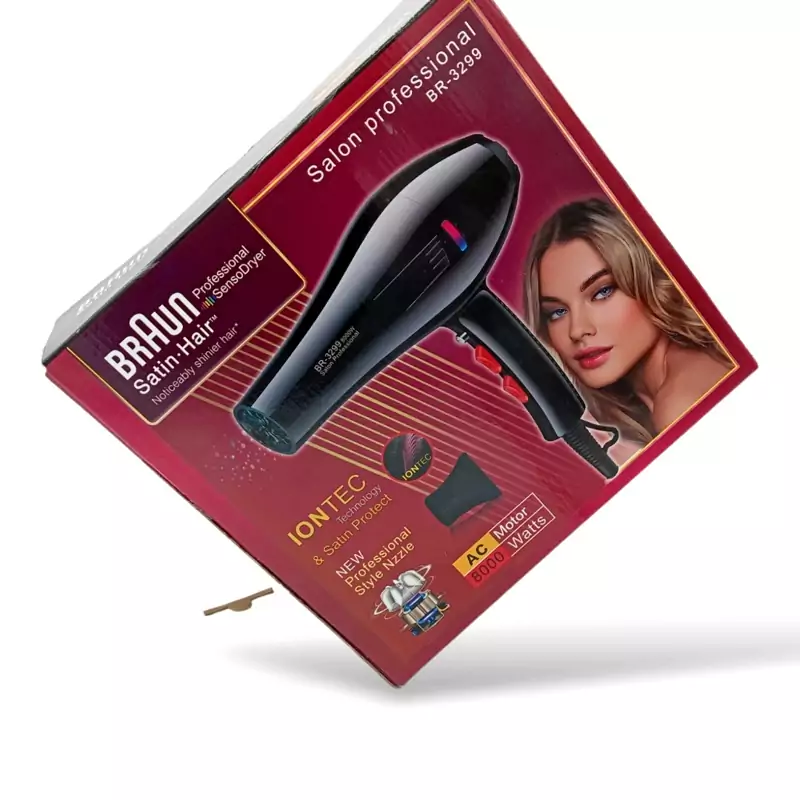سشوار براون سیم پیچی BRAUN3329 نوع متور سیک پیچی کابل دومتر نیم چهار حالت داغ و خنک دارای دو سری متمرکز کننده ه