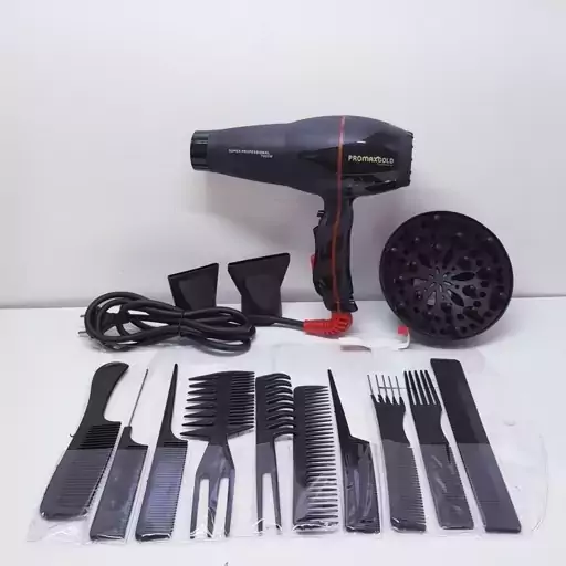 سشوار پرومکس گلد اصلی پروفشنال 7000 وات حک شده به همراه 10 عدد شانه و دو سری مدل LUXE AIR 7
