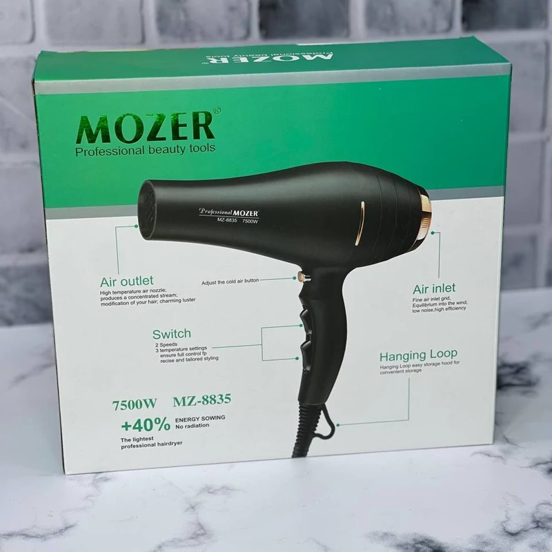 سشوار موزر کد 8835 متور سنگین 7500وات واقعی بدنه نشکن خوش دست و سبک دارای دو کله حالت دهنده سیم چرخشی 360درجه یک