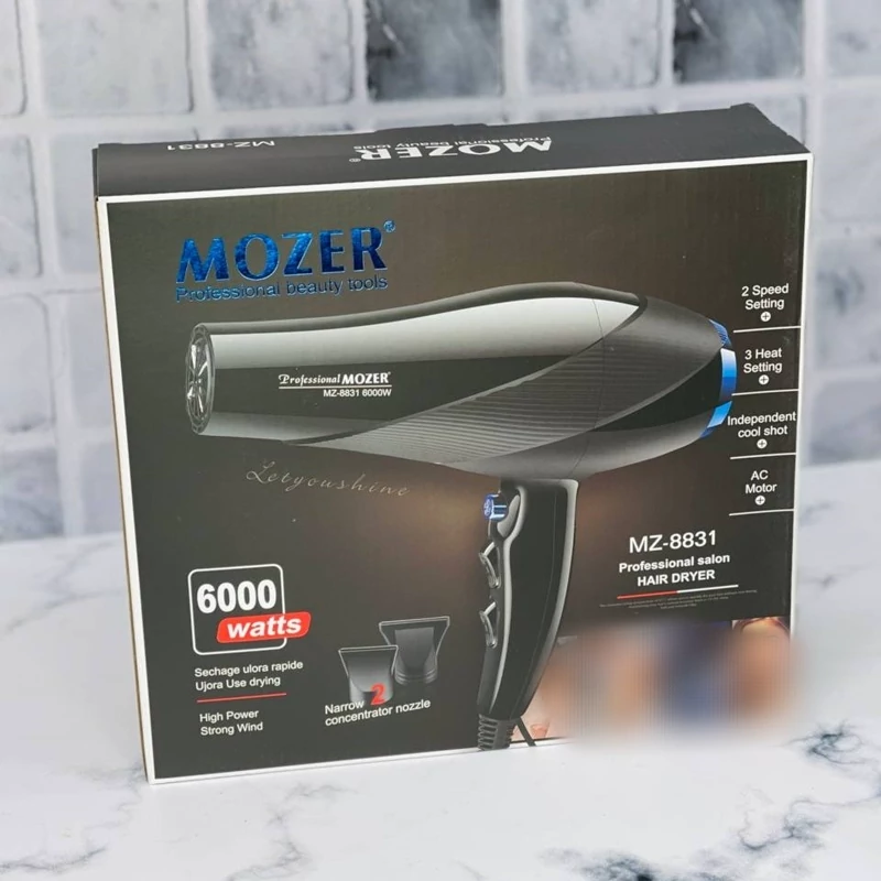 سشوار موزر کد 8831 متور سنگین 7500وات واقعی بدنه نشکن خوش دست و سبک دارای دو کله حالت دهنده سیم چرخشی 360درجه یک