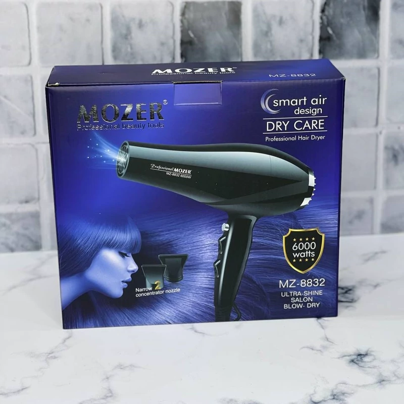 سشوار موزر کد 8832 متور سنگین 7500وات واقعی بدنه نشکن خوش دست و سبک دارای دو کله حالت دهنده سیم چرخشی 360درجه یک