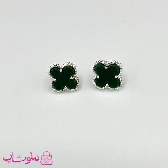 گوشواره ظریف دخترانه طرح ونکلیف یشمی آبکاری نقره کیفیت مستر کد 240