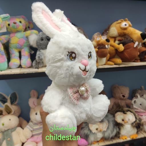 عروسک پولیشی خرگوش پاپیون دار رنگ سفید سایز 25 سانت
