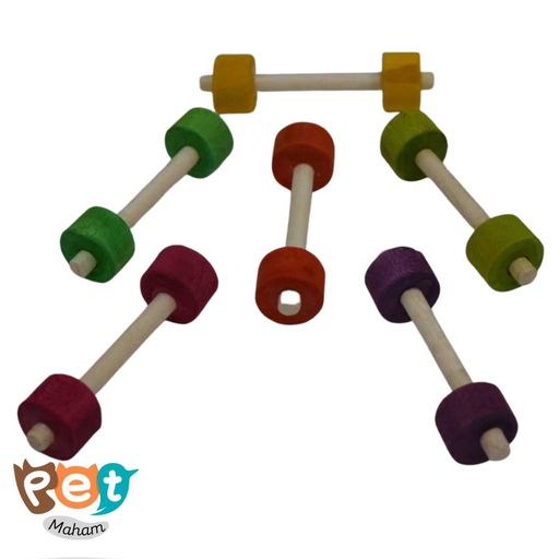 اسباب بازی پرنده مدل دمبل و هالتر طوطی چوبی با رنگ خوراکی 