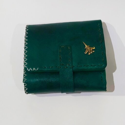 کیف پول مردانه چرم طبیعی و دست دوز  با ترکیب رنگ سبز کله غازی و عسلی 