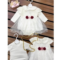 لباس عروس دو تکه (بادی و سارافن)نوزادی سایز 1تا4 مناسب 2 ماهه تا2 ساله تک رنگ سفید