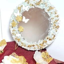 آینه دایره تزئین شده با کریستال و رزین سفید طلایی مناسب هفتسین