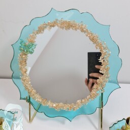 آینه رزینی فیروزه ای تزئین شده با پروانه قطر 30 سانت مناسب هفتسین 