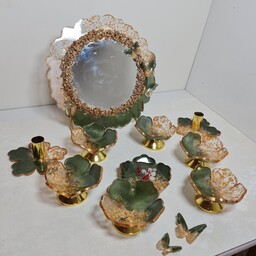 ست هفتسین سبز یشمی گل پایه دار رزینی دستساز  با آینه و شمعدان 9 تکه