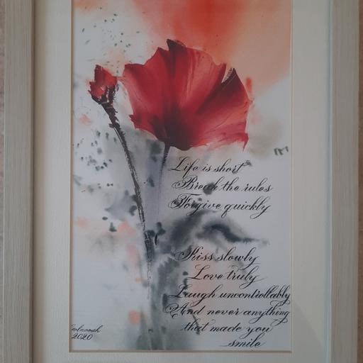 تابلوی نقاشی آبرنگ گل تک به همراه متن انگلیسی خط کاپرپلیت