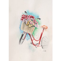 تابلوی نقاشی آبرنگ دوچرخه و سبد گل
