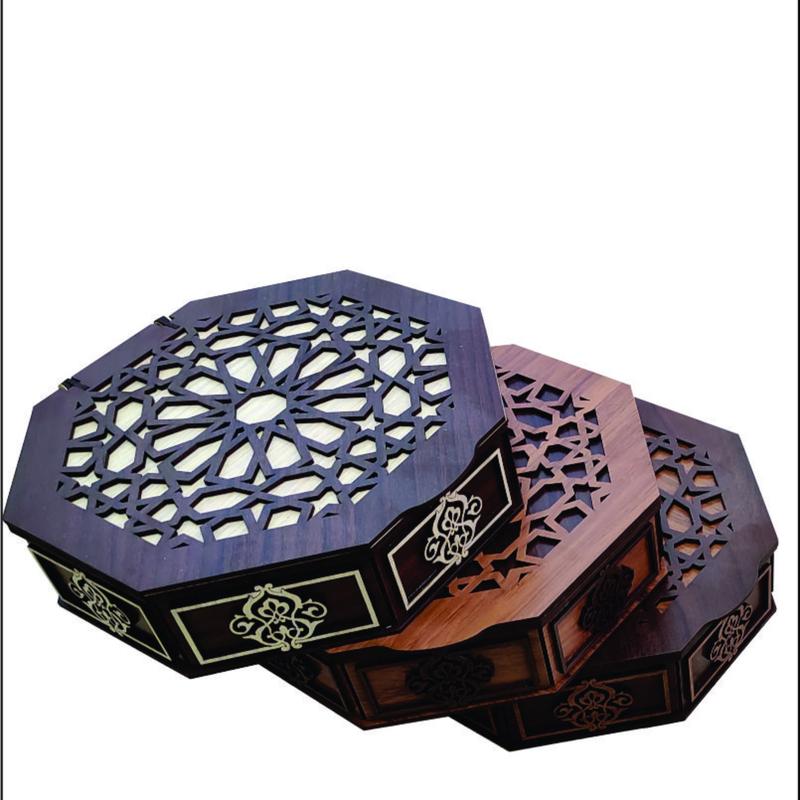 جعبه تی بگ هشت ضلعی چوبی با طرح های سنتی در سه تنوع رنگ مناسب برای پذیرایی