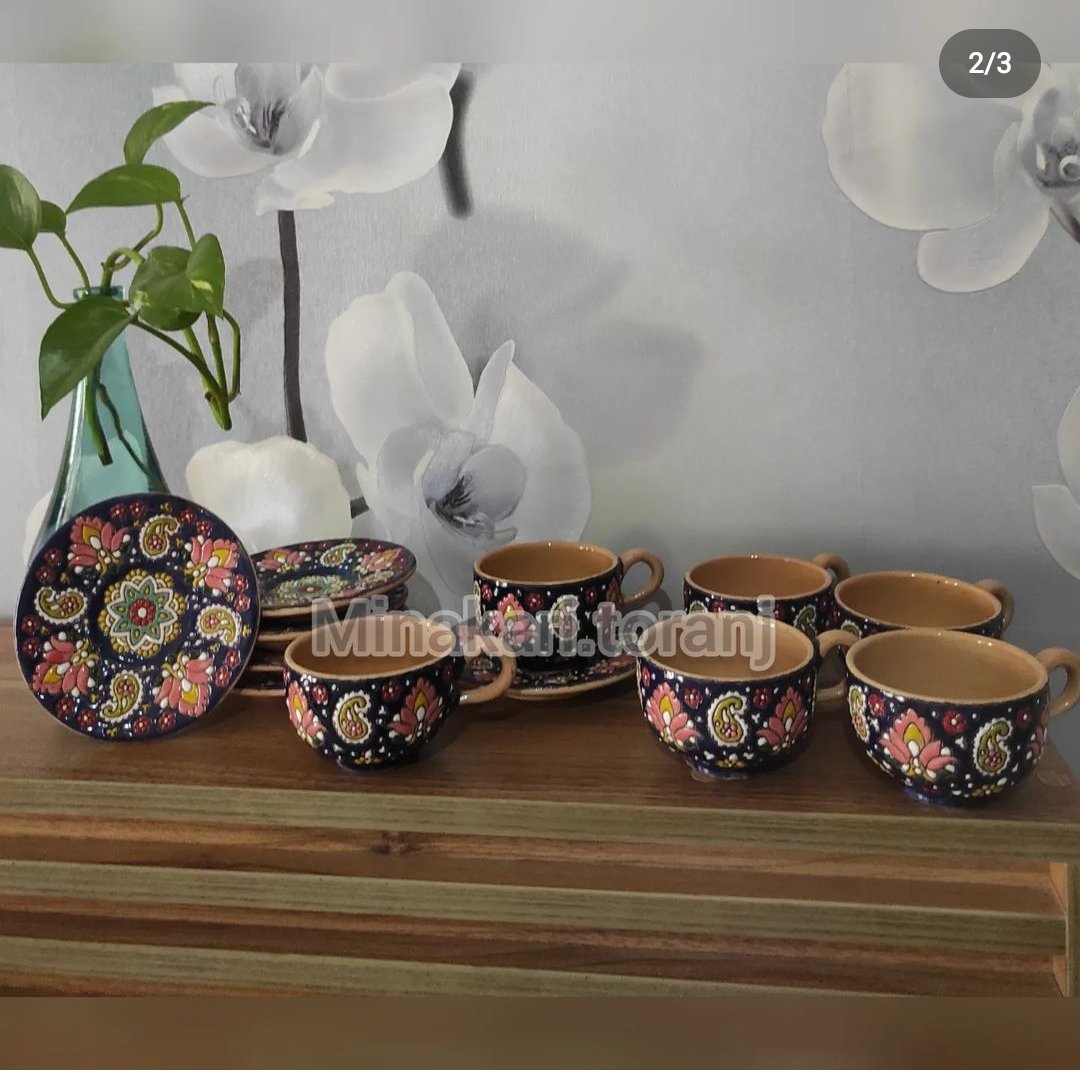 ست چایخوری فنجان و دسته دار و نعلبکی سفالی میناکاری