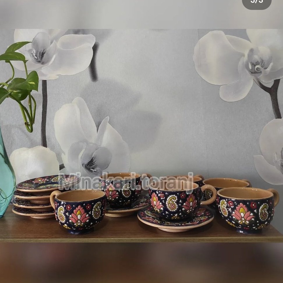 ست چایخوری فنجان و دسته دار و نعلبکی سفالی میناکاری