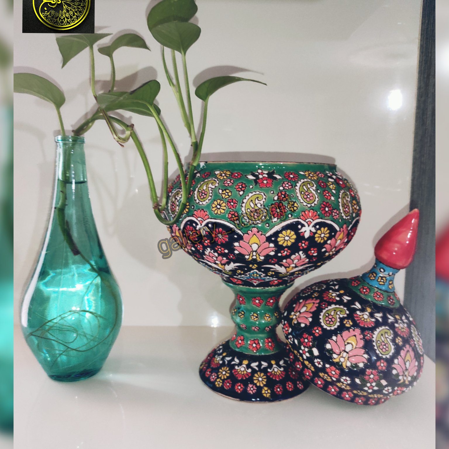 شکلات خوری تک پایه طرح شاهی سفالی میناکاری
