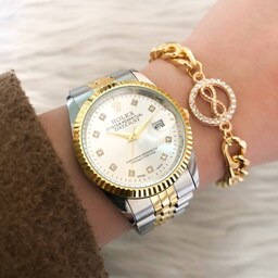 ست ساعت رولکس بنداستیل دو رنگ صفحه سفید سایز درشت همراه دستبند