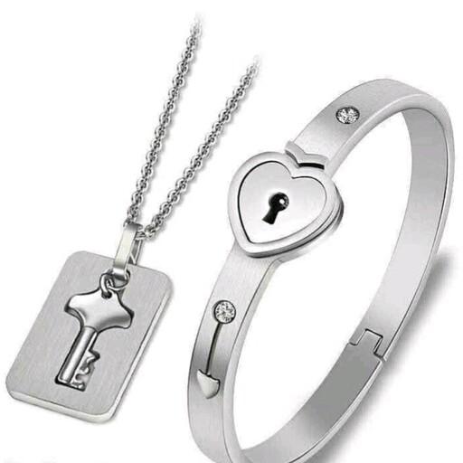 ست دستبند و گردنبند قفل و کلید قلبی ولنتاین ست زنانه مردانه (لاوین گالری)