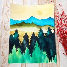 تابلو  دکوری هنری نقاشی  آبرنگ و ورق طلا  کوهستان و درخت کاج برای دکوراسیون اتاق
