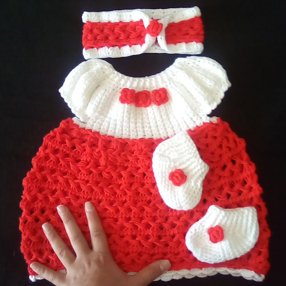 ست نوزاد قلاب بافی دخترانه سه تکه