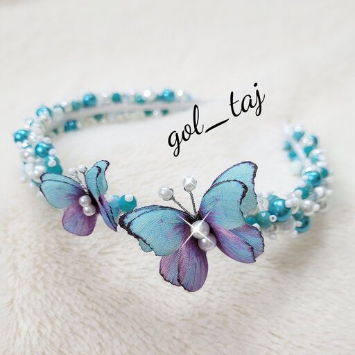تل جواهردوزی طرح پروانه  رنگ آبی و سفید