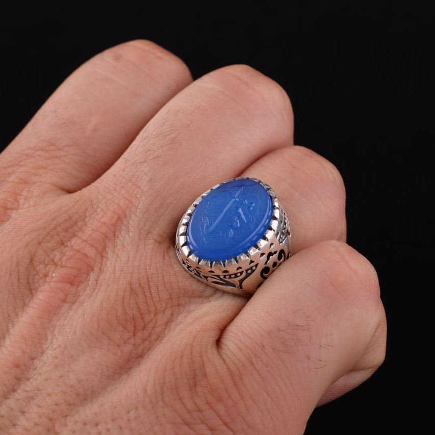 انگشتر مردانه عقیق آبی نقش یامهدی اصل ( انگشتر نقره مردانه )