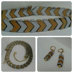 بسته کامل گردنبند، دستبند و گوشواره (سنگ حدید نقره ای و طلایی)