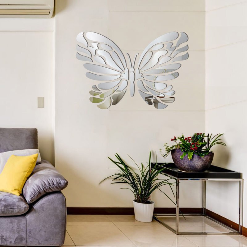 آینه دکوراتیو مولتی استایل طرح پروانه در دو رنگ طلایی و نقره ای، 60 سانتی