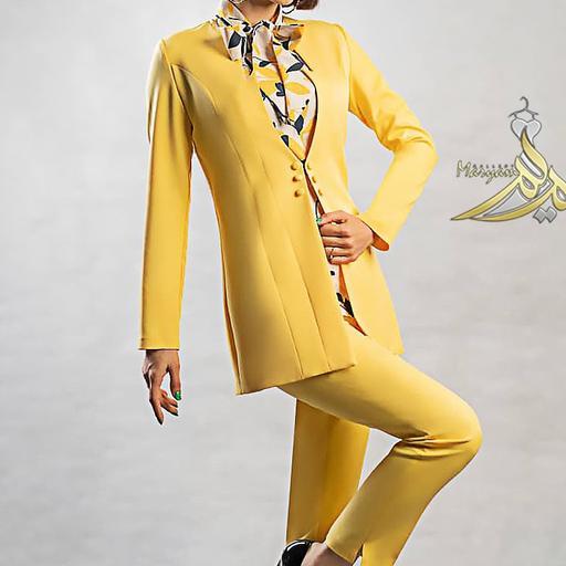 کت و تاپ مجلسی دارای سایزبندی جنس پارچه کت مازراتی جنس تاپ کت حریر رنگبندی زرد 