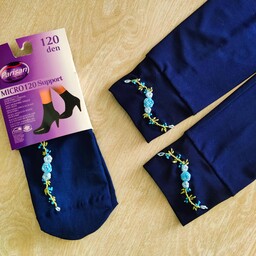 ست گلدوزی جوراب و ساق دست سورمه ای طرح سه گل و شکوفه آبی