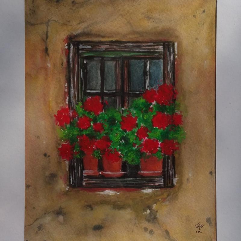 تابلو نقاشی آبرنگ طرح گل شمعدانی و پنجره