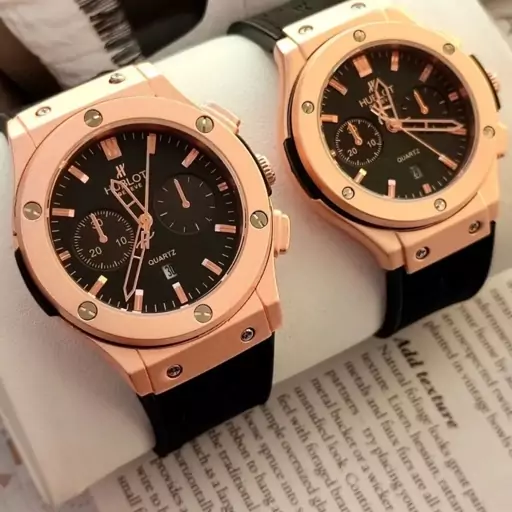 ست ساعت هابلوت HUBLOT تقویم دار (رنگ مشکی دور  طلایی ) کد 10292به همراه جعبه شکیل