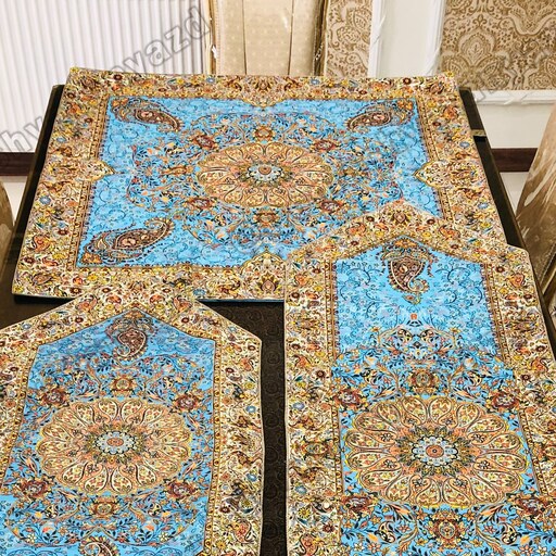 رومیزی ترمه طرح افشار(سایز 100x100) آ بی فیروزه ای