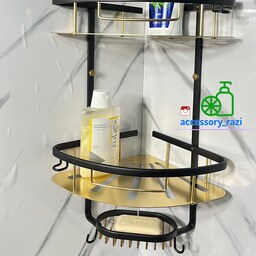 قفسه حمام مشکی طلایی 2 طبقه آلومینیمی مدل کنج صفحه ای تی بی کو TBCO شلف استند سرویس بهداشتی دو جا شامپو و صابون