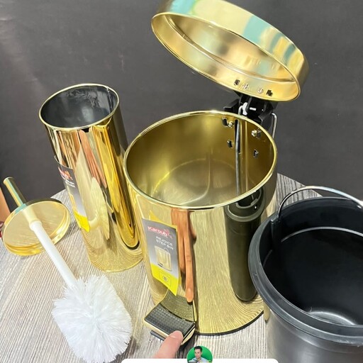 سطل و فرچه حمام 3 لیتری ( سطل زباله حمام سطل سرویس بهداشتی ست سطل و برس ) استیل با سطل جداشونده پلاستیکی رنگ طلایی براق